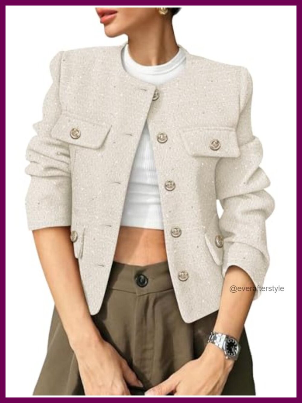 Womens Tweed Cropped Blazer Jacket Collarless Button Down Business Casual